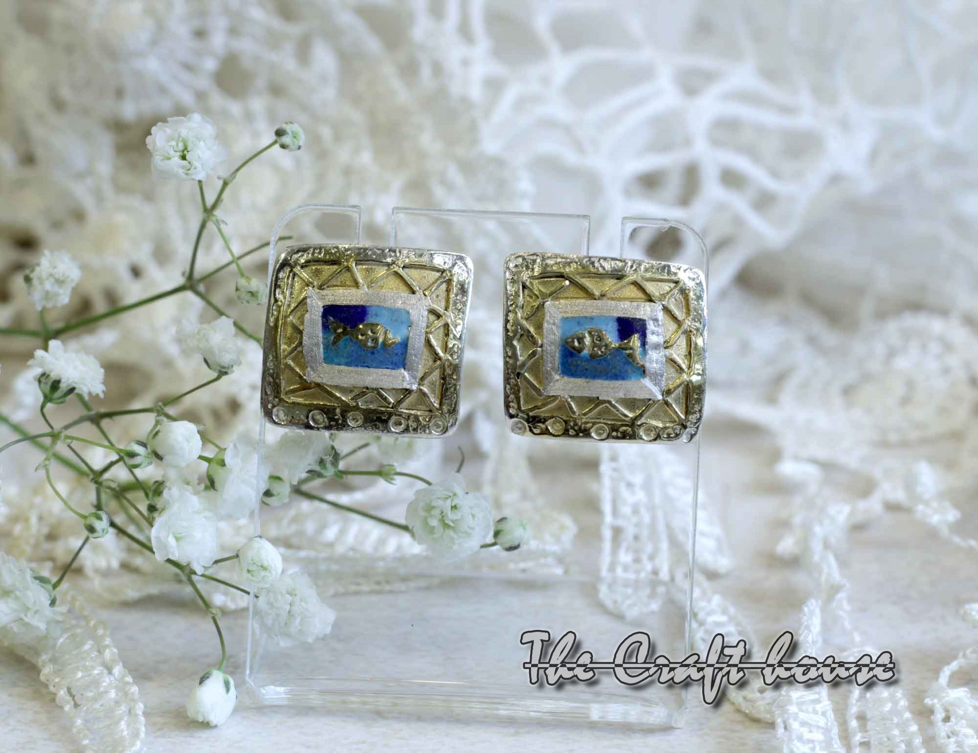 Silver earrings with enamel & gold-plating